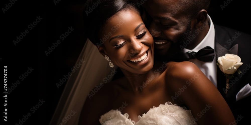 A bride and groom smile together in a dark room. Generative AI.