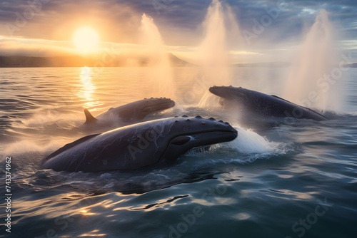 Parade of Majestic Gray Whales Gracefully Swimming Across Tranquil Ocean Waters Under a Cloudy Skyline © Mike