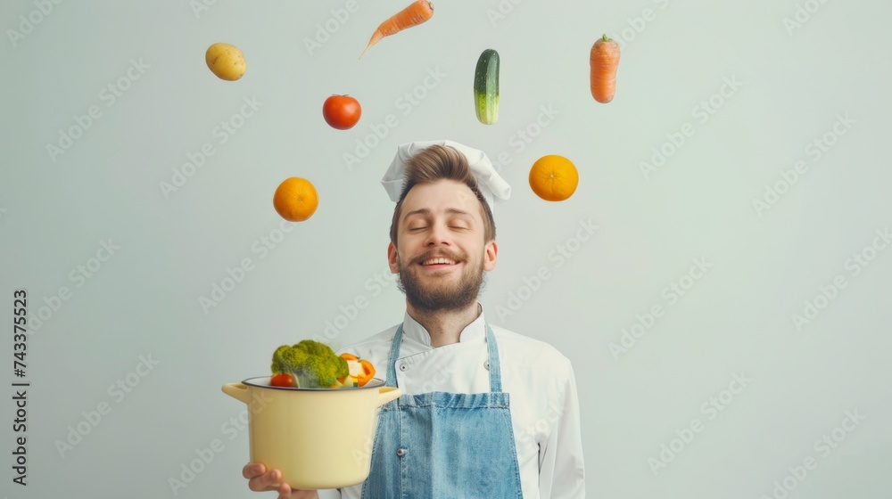 Chef in white with vegetables, eyes closed, enjoying, white background