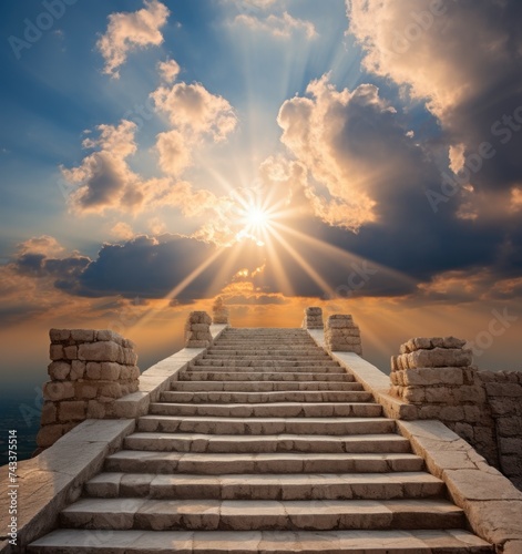 Stairway to heaven with sun shining in the background. Generative AI. © serg3d