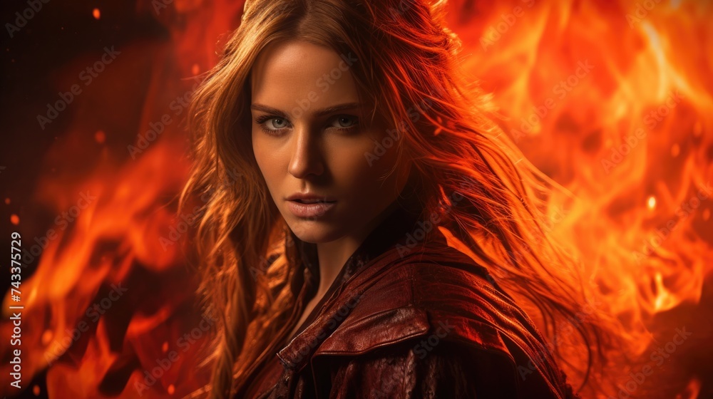 Fototapeta premium The woman is in front of flames. Generative AI.
