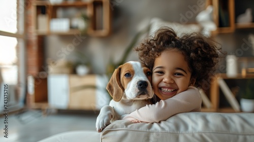 Girl with dog, happy, home interior