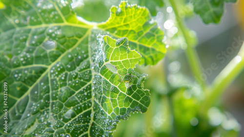 The intricate s and patterns on the leaves of a kale plant thriving in the optimized conditions of a greenhouse. photo