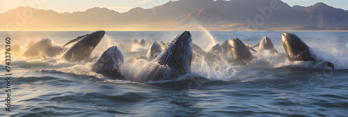 Parade of Majestic Gray Whales Gracefully Swimming Across Tranquil Ocean Waters Under a Cloudy Skyline © Mike