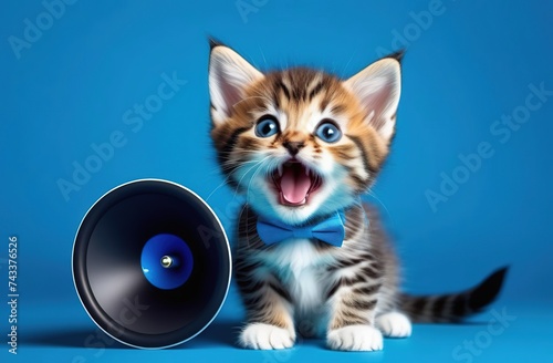 cute little kitten makes an announcement using a megaphone or bullhorn, Notification, warning, announcement. Kitten with a megaphone on a blue background,