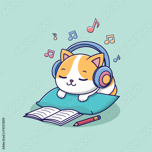 cat study and listening to music while falling asleep in cartoon style vector illustration