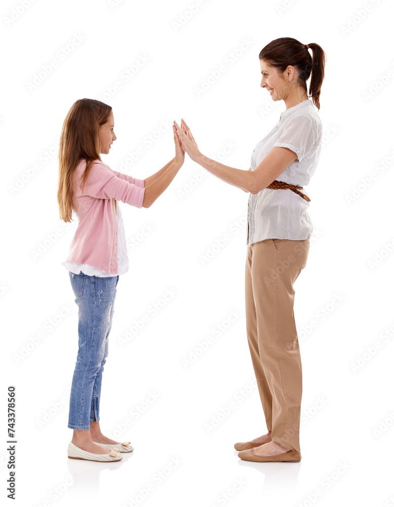 Mother, child and clapping game for bonding and fun together in studio, happy and playful on white background. Woman, young girl and hands together, playing with high five and family time for love Mother, child and clapping game for bonding and fun together in studio, happy and playful on white background. Woman, young girl and hands together, playing with high five and family time for love