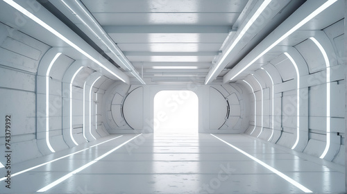 Empty white room with neon lights. Futuristic tunnel architecture background. Box with metal wall. 3d render