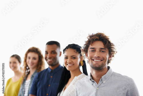 Smile, portrait and team of business people in studio with collaboration, unity or diversity. Confident, happy and mentor with group of creative designers isolated by white background with mockup. © Katie/peopleimages.com