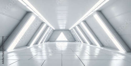 Empty white room with neon lights. Futuristic tunnel architecture background. Box with metal wall. 3d render