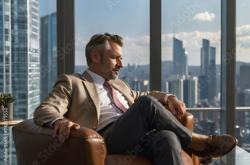 Life-work balance and city living lifestyle concept of business man relaxing, take it easy in office or hotel room resting with thoughtful mind thinking of life quality looking forward to cityscape
