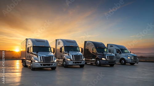 new Parked trucks in front of bright sunrise on concrete space © New generate