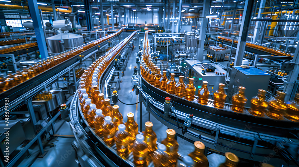 Conveyor belt, juice in bottles, beverage factory interior in blue color, industrial production line. generative ai - obrazy, fototapety, plakaty 