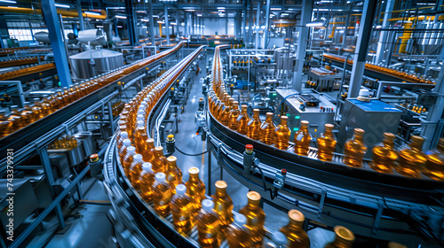 Conveyor belt, juice in bottles, beverage factory interior in blue color, industrial production line. generative ai photo