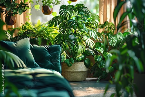A Serene Oasis Lush Green Indoor Plants Surrounding a Cozy, Elegant Teal Sofa Adorned with Soft Golden Cushions in a Sunlit Room