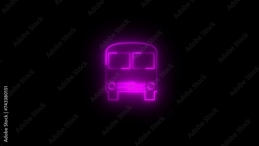 Neon glowing pink bus icon animation in black background Neon glowing pink bus icon animation in black background