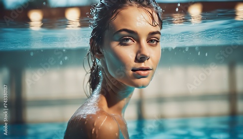 portrait of a pretty girl in the pool, wet portrait, wet gir in the pool, woman is swimming in the pool photo