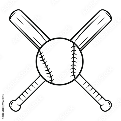 Baseball bats crossed and baseball ball outline vector illustration