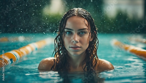 portrait of a pretty girl in the pool, wet portrait, wet gir in the pool, woman is swimming in the pool © Gegham