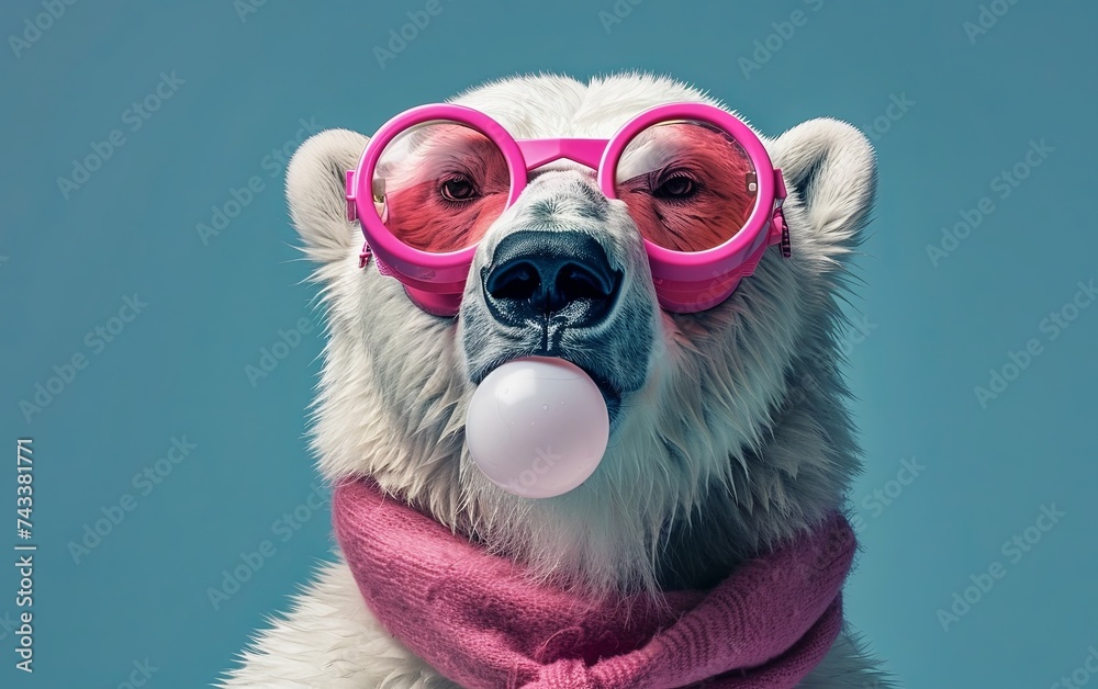 Polar Bear blowing bubble gum wearing sunglasses fashion portrait on solid pastel background. presentation. advertisement. invitation. copy text space.