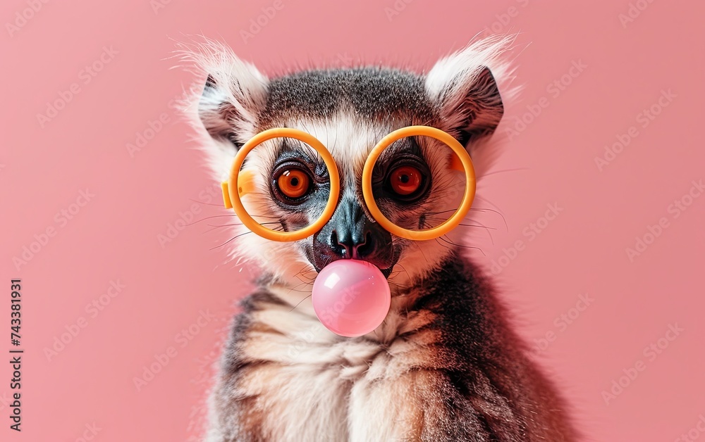 Lemur blowing bubble gum wearing sunglasses fashion portrait on solid pastel background. Birthday party. presentation. advertisement. invitation. copy text space.