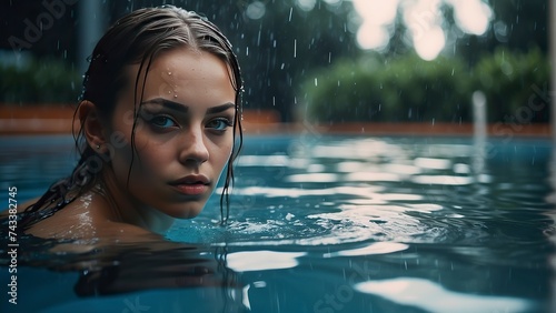 portrait of a pretty girl in the pool  wet portrait  wet gir in the pool  woman is swimming in the pool