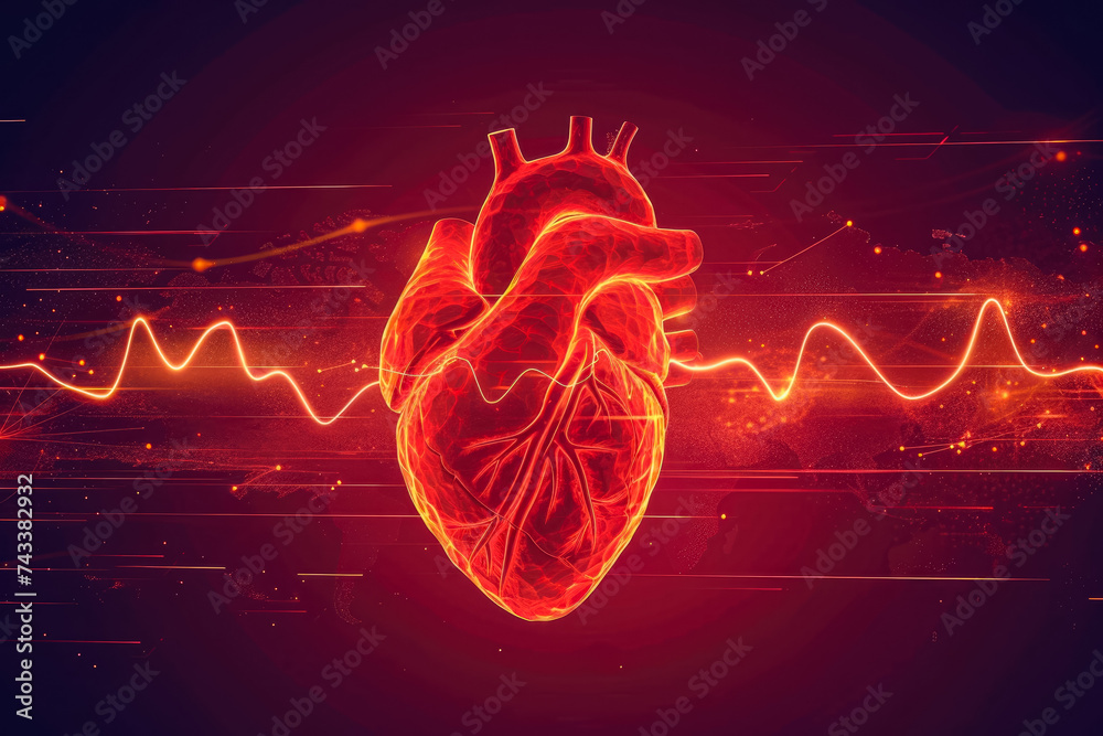 heart with a red color and a organ shape and a health overlay on the beat - obrazy, fototapety, plakaty 