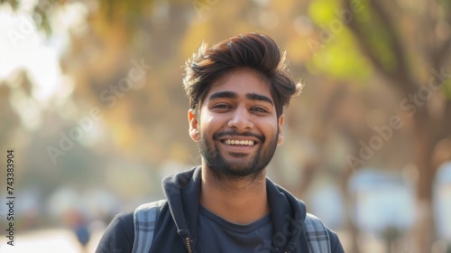 Attractive indian man portrait. Handsome smile arab guy look at camera. Happy mixed race person face. Young adult teenager. Cool stylish teen. Fashionable ethnic 20s student outdoor. Nature background