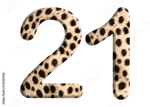 The shape of the number 21 is made of cheetah fur or skin isolated on transparent background. Suitable for birthday  anniversary and Memorial Day templates
