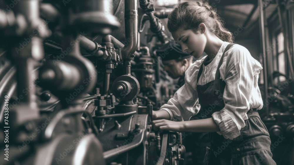 A mechanics apprentice dressed in a longsleeved shirt with puffy sleeves highwaisted pants and a utility belt works on a steam engine under the watchful eye of her mentor. - obrazy, fototapety, plakaty 
