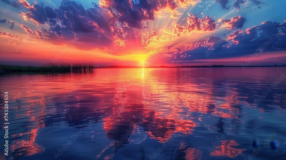 Capture the intense colors of a sunset sky reflected in the waters of a calm lake, offering a mirror to the heavens
