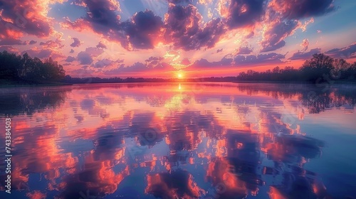 Capture the intense colors of a sunset sky reflected in the waters of a calm lake, offering a mirror to the heavens