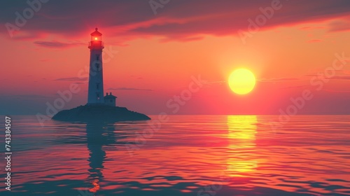 Capture the moment a lighthouse stands against the setting sun, its image reflected in the water, a beacon of hope in the twilight