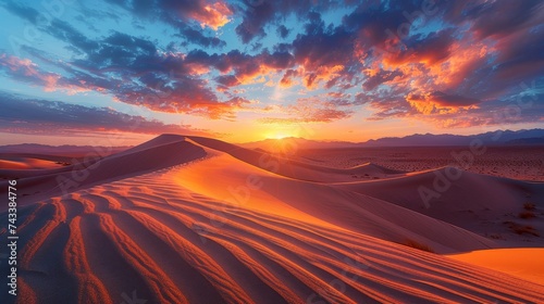 Capture the serene beauty of a desert sunrise, where the early light paints the dunes in vibrant hues