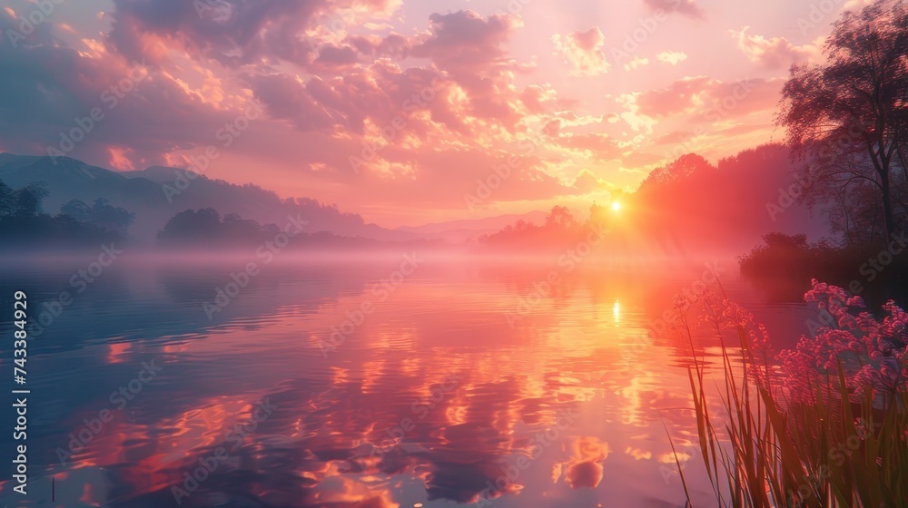 Capture the serene beauty of a sunrise over a tranquil lake, reflecting the sun's warm hues