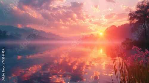 Capture the serene beauty of a sunrise over a tranquil lake, reflecting the sun's warm hues