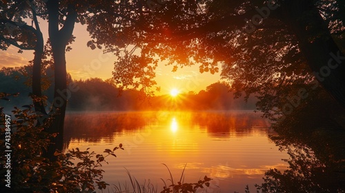 Capture the serene beauty of a sunrise over a tranquil lake  with silhouettes of trees framing the scene