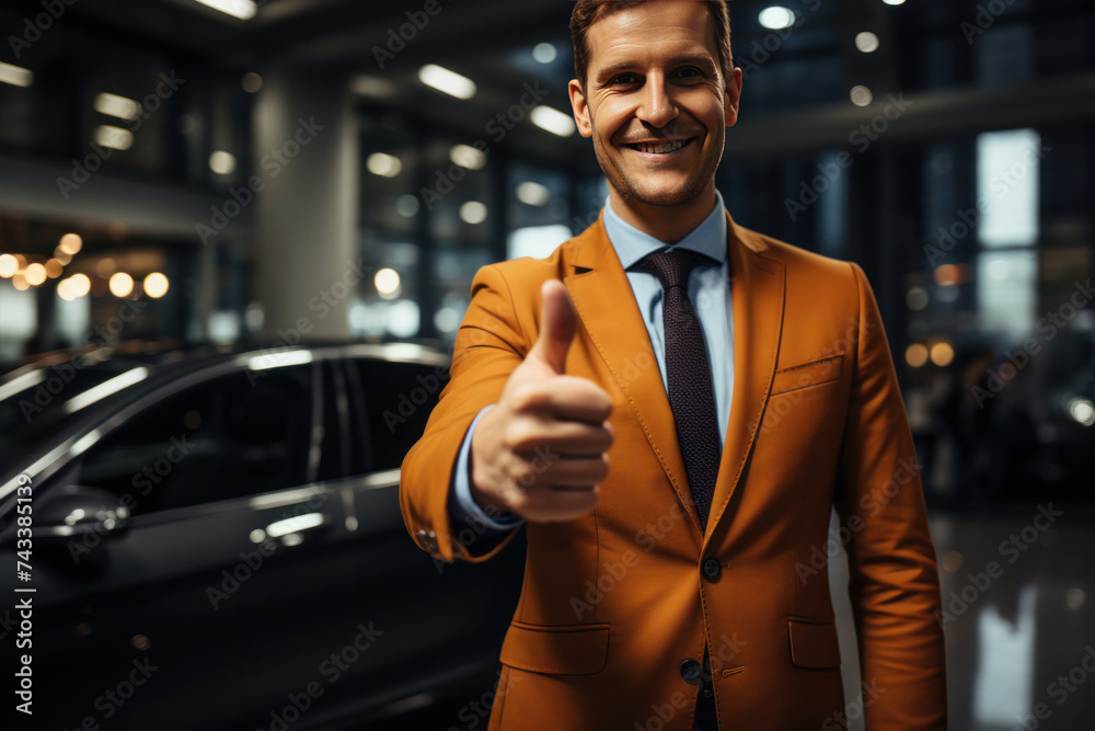 A businessman showing thumb up while on expensive ca, New car, Car insurance concept. A businessman showing thumb up while on expensive ca, New car, Car insurance concept.