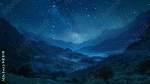 Conceive a twilight scene in a lush valley, where the last light of day gives way to the stars above, merging day with night