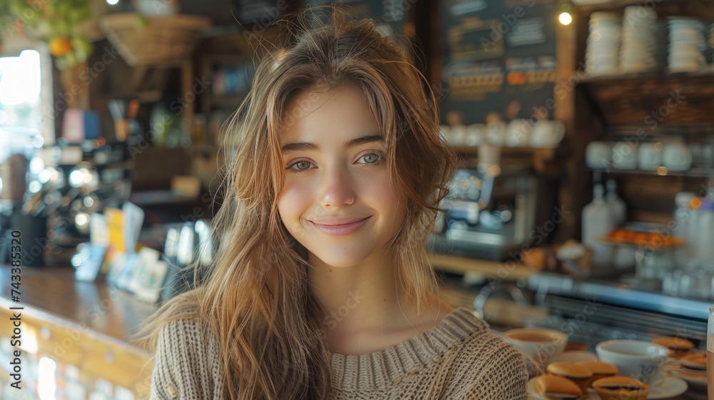 A happy young woman taking selfie with coffee cup in the coffee shop. A happy young woman taking selfie with coffee cup in the coffee shop.