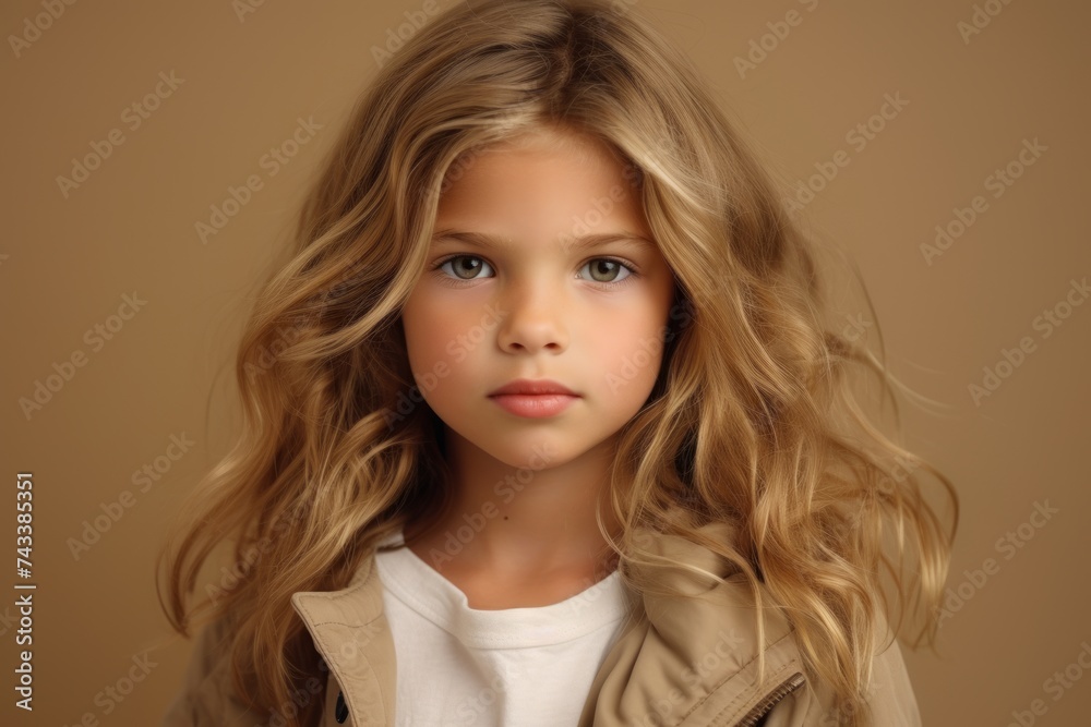 Portrait of a little girl with long hair on a brown background Portrait of a little girl with long hair on a brown background