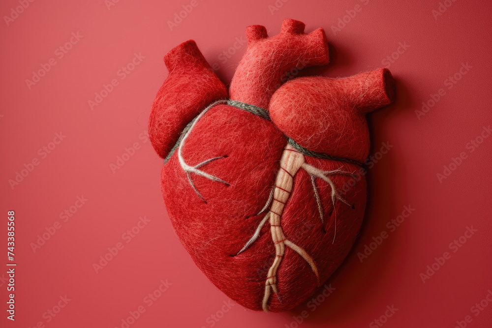 Felt Textile Anatomical Heart on a Red Background Felt Textile Anatomical Heart on a Red Background