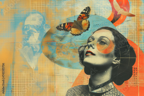 Surrealism - style collage. Vintage head of a woman.