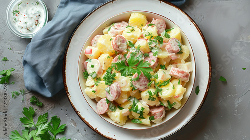 Tasty potato salad with onion, mayonnaise on grey background. Traditional food.