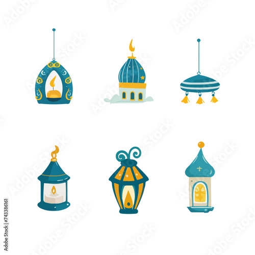Arabic lanterns collection set. Colorful watercolor hand drawn design Ramadan vintage decorative icons. Muslim antique lamp isolated stock vector illustration objects