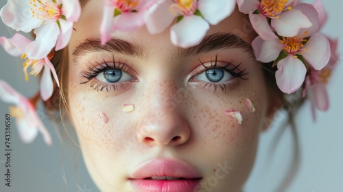 Close-up of a young girl's face with blue eyes and flowers, petal details as tears