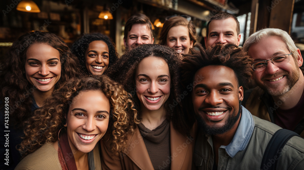 Above view of Large group of diverse ethnicity people looking up with looking at camera.