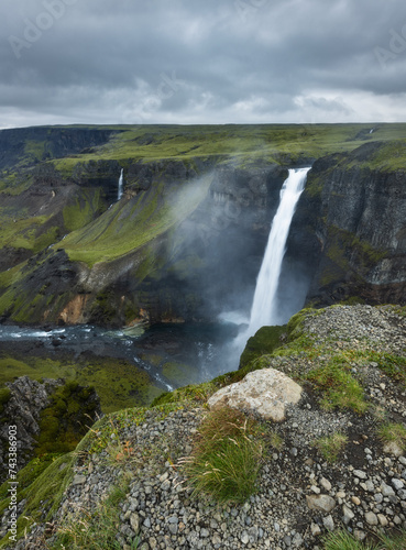 Scenic Haifoss waterfall and valley in the highlands of Iceland