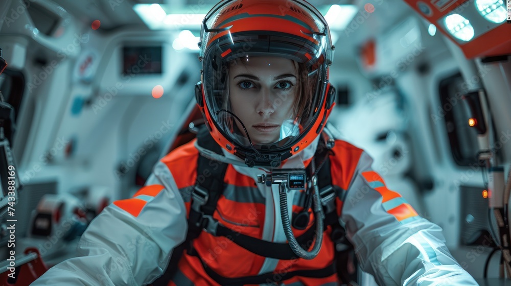 emergency concept Female EMS worker in an ambulance on the way to the hospital Emergency medical care assistants work in ambulances. emergency concept Female EMS worker in an ambulance on the way to the hospital Emergency medical care assistants work in ambulances.
