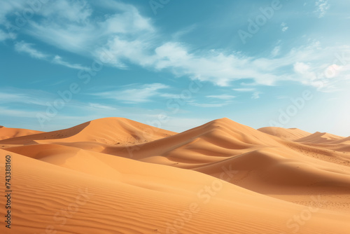 view of a desert landscape with sand dunes and a blue sky © Formoney